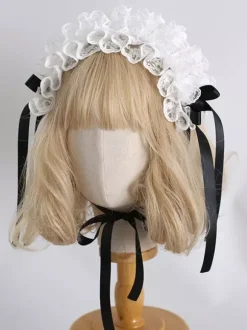 Headband Headdress Sweet Lolita Accessories Black+White Ruffles Bows Lace Headwear