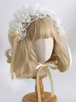 Headband Headdress Sweet Lolita Accessories Black+White Ruffles Bows Lace Headwear