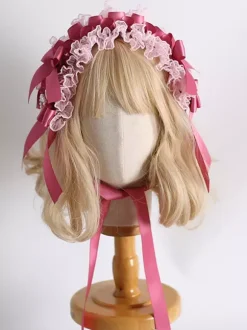 Headdress Sweet Lolita Accessories Pink Bows Ruffles Lace Bow Headwear Headband
