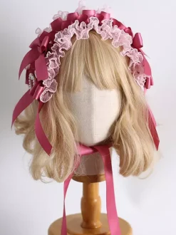 Headdress Sweet Lolita Accessories Pink Bows Ruffles Lace Bow Headwear Headband
