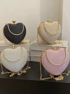 Heart Shaped Crossbody Bag With Chain Shiny Party Clutch For Women 2026