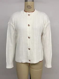 Heart Button Ribbed Knit Cardigan Round Neck Long Sleeve Top For Women 2026
