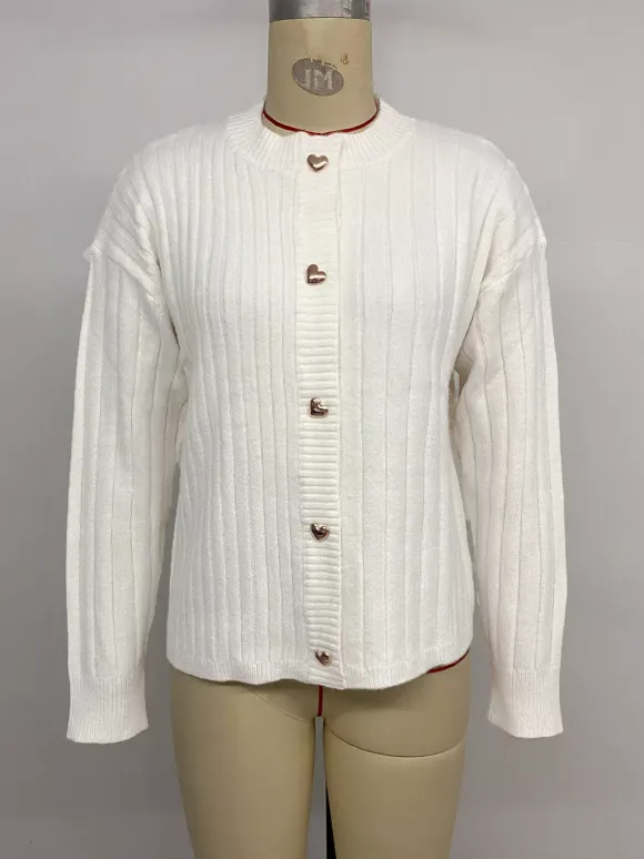 Heart Button Ribbed Knit Cardigan Round Neck Long Sleeve Top For Women 2026