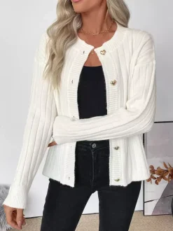 Heart Button Ribbed Knit Cardigan Round Neck Long Sleeve Top For Women 2026