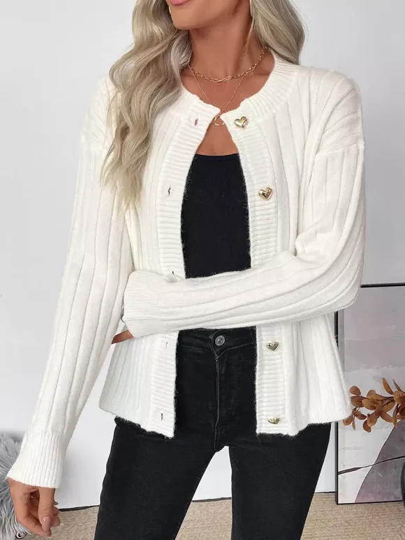 Heart Button Ribbed Knit Cardigan Round Neck Long Sleeve Top For Women 2026