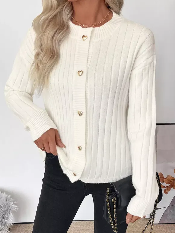Heart Button Ribbed Knit Cardigan Round Neck Long Sleeve Top For Women 2026