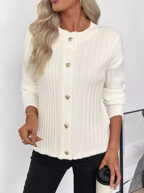 Heart Button Ribbed Knit Cardigan Round Neck Long Sleeve Top For Women 2026