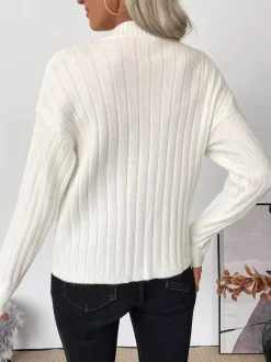 Heart Button Ribbed Knit Cardigan Round Neck Long Sleeve Top For Women 2026