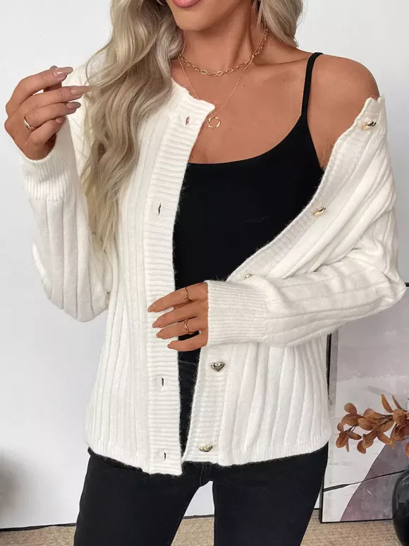 Heart Button Ribbed Knit Cardigan Round Neck Long Sleeve Top For Women 2026