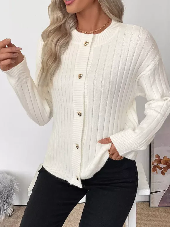 Heart Button Ribbed Knit Cardigan Round Neck Long Sleeve Top For Women 2026