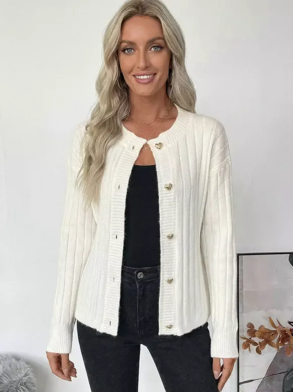 Heart Button Ribbed Knit Cardigan Round Neck Long Sleeve Top For Women 2026