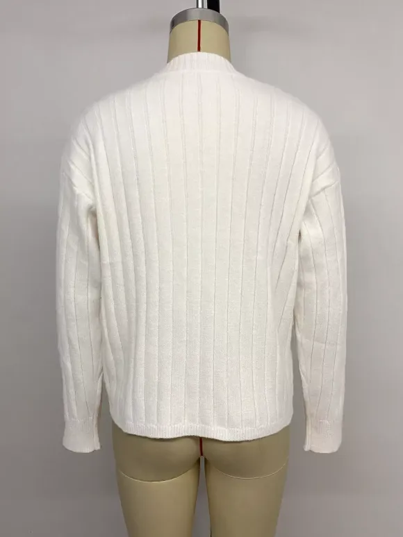 Heart Button Ribbed Knit Cardigan Round Neck Long Sleeve Top For Women 2026