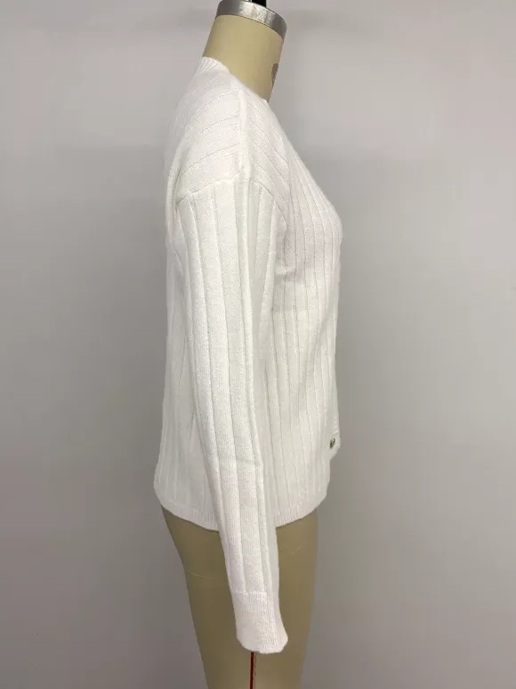 Heart Button Ribbed Knit Cardigan Round Neck Long Sleeve Top For Women 2026