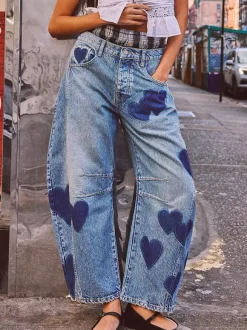 Heart Pattern Barrel Jeans For Women - Light Blue Horseshoe Baggy Denim Trousers - Spring Music Festival 2026