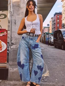 Heart Pattern Barrel Jeans For Women - Light Blue Horseshoe Baggy Denim Trousers - Spring Music Festival 2026