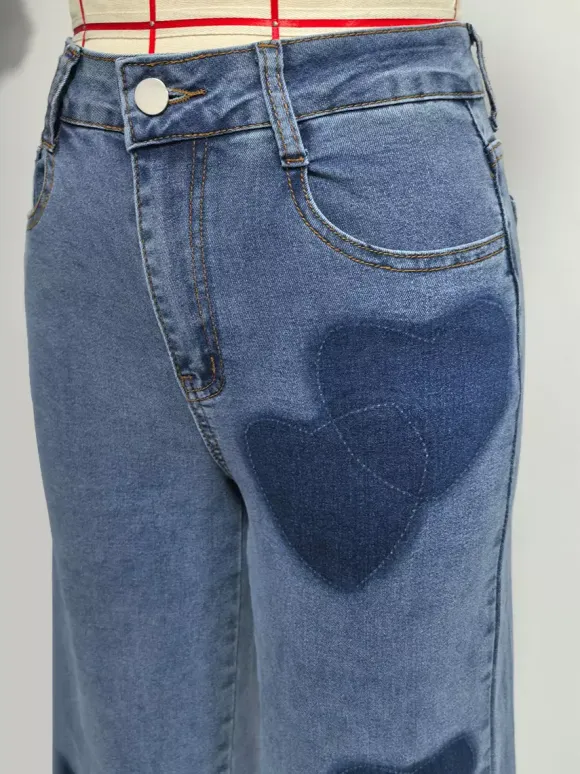 Heart Pattern Wide Leg Jeans For Women - Medium Blue Cute Boho Straight Denim Pants - Spring Date Night Streetwear 2026