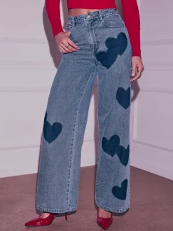 Heart Pattern Wide Leg Jeans For Women - Medium Blue Cute Boho Straight Denim Pants - Spring Date Night Streetwear 2026
