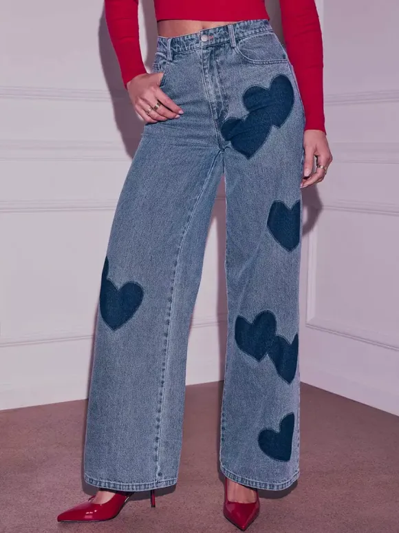 Heart Pattern Wide Leg Jeans For Women - Medium Blue Cute Boho Straight Denim Pants - Spring Date Night Streetwear 2026