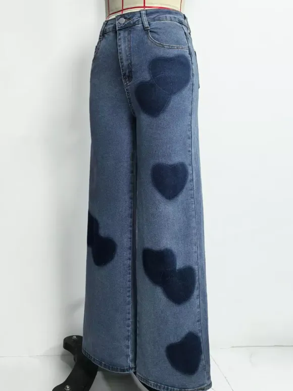 Heart Pattern Wide Leg Jeans For Women - Medium Blue Cute Boho Straight Denim Pants - Spring Date Night Streetwear 2026
