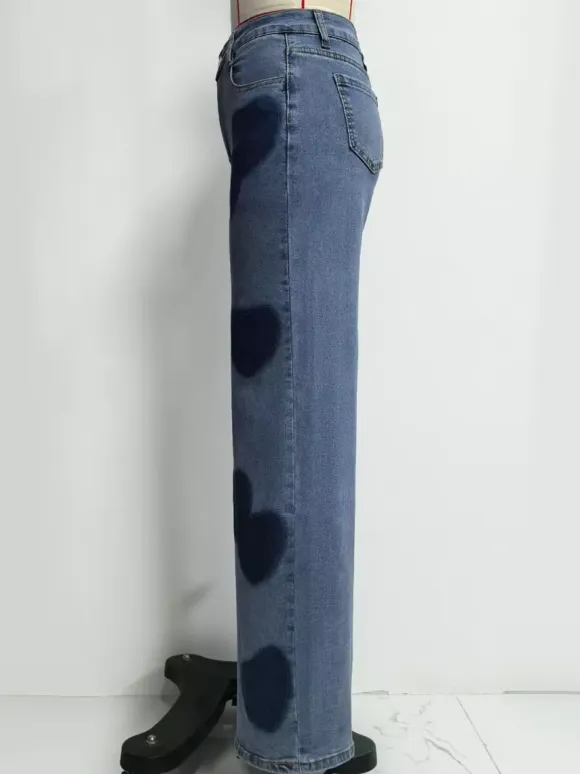 Heart Pattern Wide Leg Jeans For Women - Medium Blue Cute Boho Straight Denim Pants - Spring Date Night Streetwear 2026