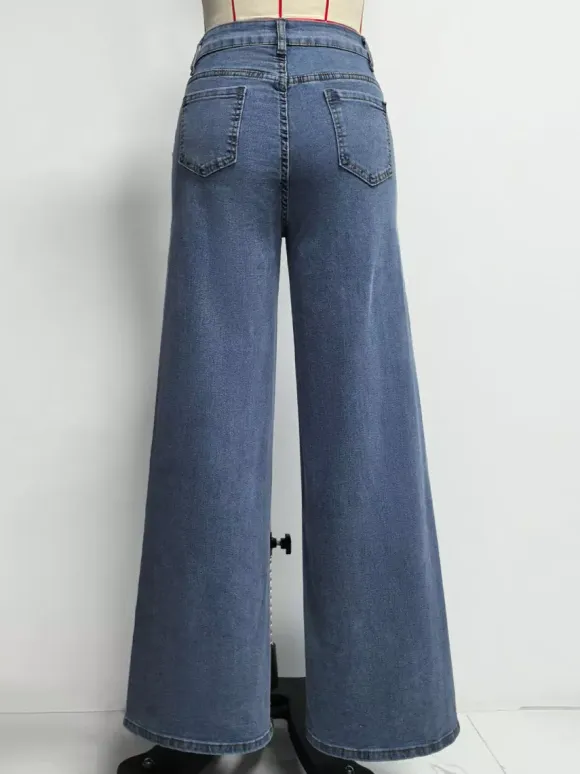 Heart Pattern Wide Leg Jeans For Women - Medium Blue Cute Boho Straight Denim Pants - Spring Date Night Streetwear 2026