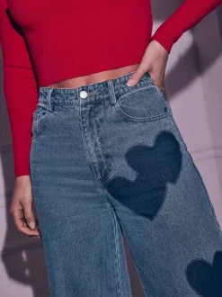 Heart Pattern Wide Leg Jeans For Women - Medium Blue Cute Boho Straight Denim Pants - Spring Date Night Streetwear 2026