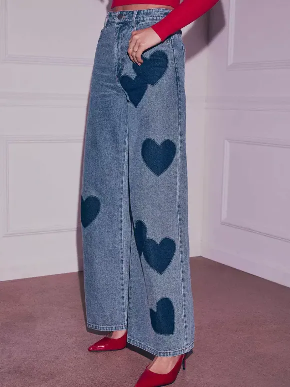 Heart Pattern Wide Leg Jeans For Women - Medium Blue Cute Boho Straight Denim Pants - Spring Date Night Streetwear 2026