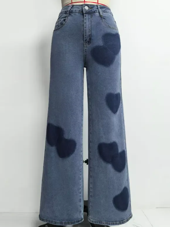 Heart Pattern Wide Leg Jeans For Women - Medium Blue Cute Boho Straight Denim Pants - Spring Date Night Streetwear 2026
