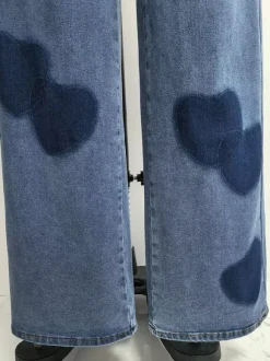 Heart Pattern Wide Leg Jeans For Women - Medium Blue Cute Boho Straight Denim Pants - Spring Date Night Streetwear 2026