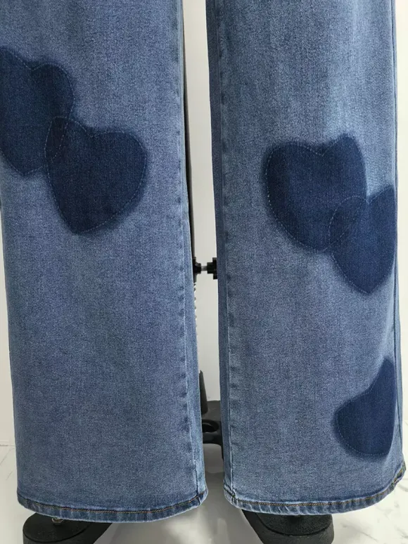 Heart Pattern Wide Leg Jeans For Women - Medium Blue Cute Boho Straight Denim Pants - Spring Date Night Streetwear 2026