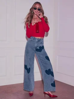 Heart Pattern Wide Leg Jeans For Women - Medium Blue Cute Boho Straight Denim Pants - Spring Date Night Streetwear 2026