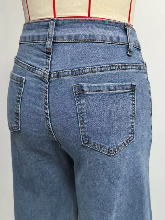 Heart Pattern Wide Leg Jeans For Women - Medium Blue Cute Boho Straight Denim Pants - Spring Date Night Streetwear 2026