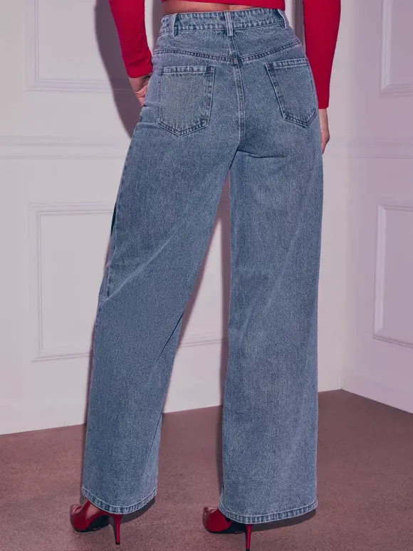 Heart Pattern Wide Leg Jeans For Women - Medium Blue Cute Boho Straight Denim Pants - Spring Date Night Streetwear 2026