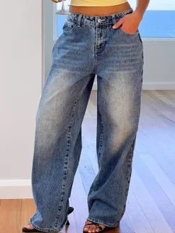 Heart Pocket Wide Leg Jeans For Women - Acid Wash Blue Y2K Baggy Straight Denim Pants - Spring Date Night Streetwear 2026