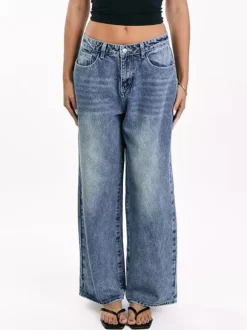 Heart Pocket Wide Leg Jeans For Women - Acid Wash Blue Y2K Baggy Straight Denim Pants - Spring Date Night Streetwear 2026