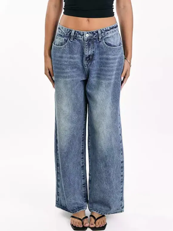 Heart Pocket Wide Leg Jeans For Women - Acid Wash Blue Y2K Baggy Straight Denim Pants - Spring Date Night Streetwear 2026