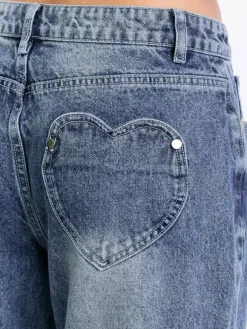 Heart Pocket Wide Leg Jeans For Women - Acid Wash Blue Y2K Baggy Straight Denim Pants - Spring Date Night Streetwear 2026