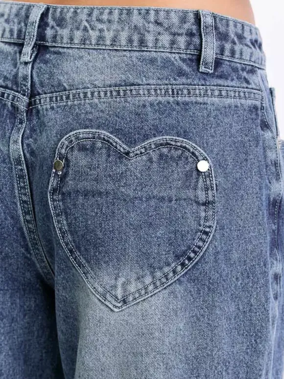 Heart Pocket Wide Leg Jeans For Women - Acid Wash Blue Y2K Baggy Straight Denim Pants - Spring Date Night Streetwear 2026