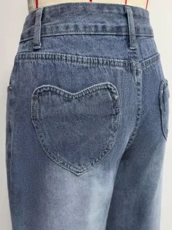Heart Pocket Wide Leg Jeans For Women - Acid Wash Blue Y2K Baggy Straight Denim Pants - Spring Date Night Streetwear 2026