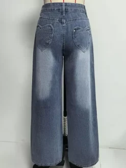 Heart Pocket Wide Leg Jeans For Women - Acid Wash Blue Y2K Baggy Straight Denim Pants - Spring Date Night Streetwear 2026