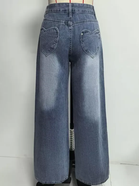 Heart Pocket Wide Leg Jeans For Women - Acid Wash Blue Y2K Baggy Straight Denim Pants - Spring Date Night Streetwear 2026