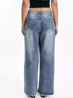 Heart Pocket Wide Leg Jeans For Women - Acid Wash Blue Y2K Baggy Straight Denim Pants - Spring Date Night Streetwear 2026