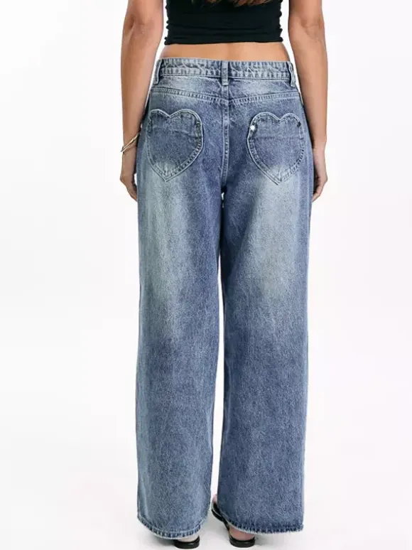 Heart Pocket Wide Leg Jeans For Women - Acid Wash Blue Y2K Baggy Straight Denim Pants - Spring Date Night Streetwear 2026