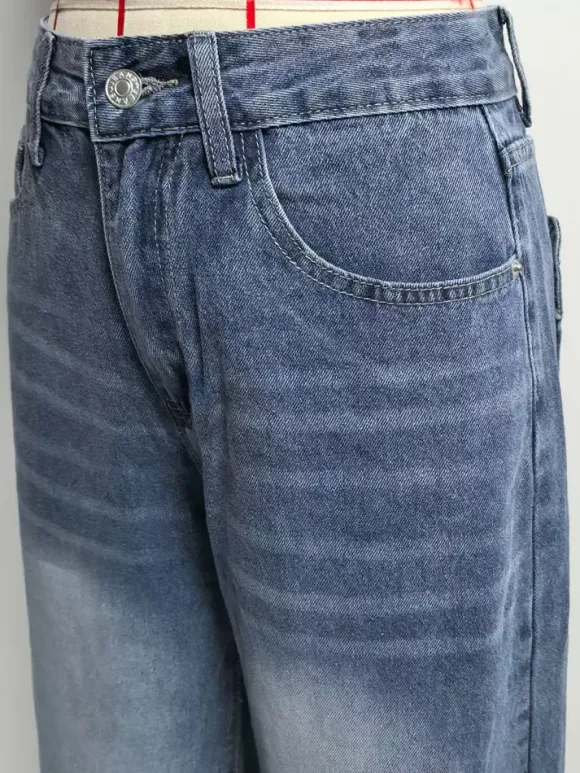 Heart Pocket Wide Leg Jeans For Women - Acid Wash Blue Y2K Baggy Straight Denim Pants - Spring Date Night Streetwear 2026