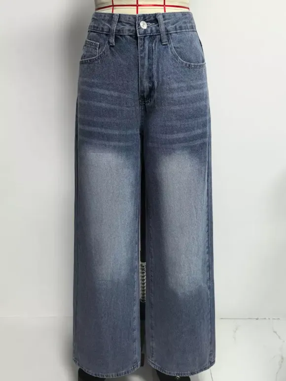 Heart Pocket Wide Leg Jeans For Women - Acid Wash Blue Y2K Baggy Straight Denim Pants - Spring Date Night Streetwear 2026