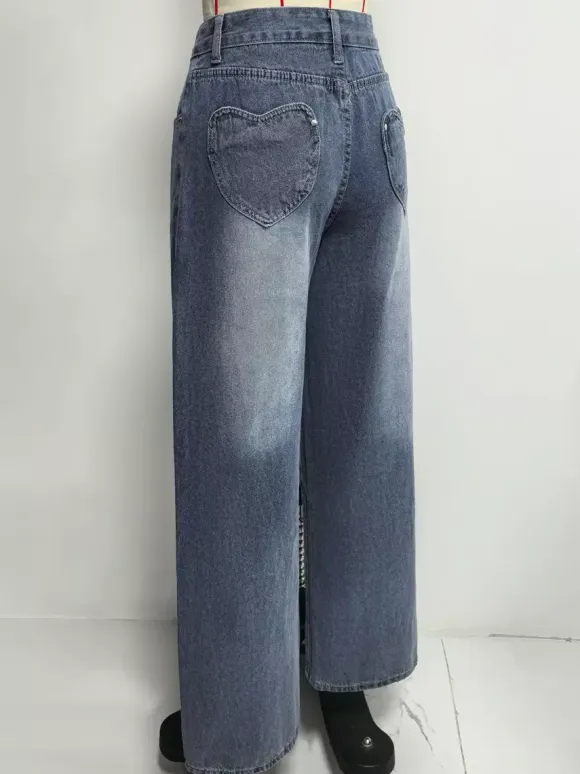 Heart Pocket Wide Leg Jeans For Women - Acid Wash Blue Y2K Baggy Straight Denim Pants - Spring Date Night Streetwear 2026