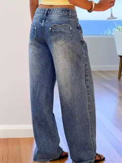 Heart Pocket Wide Leg Jeans For Women - Acid Wash Blue Y2K Baggy Straight Denim Pants - Spring Date Night Streetwear 2026