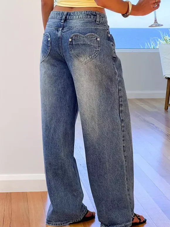 Heart Pocket Wide Leg Jeans For Women - Acid Wash Blue Y2K Baggy Straight Denim Pants - Spring Date Night Streetwear 2026