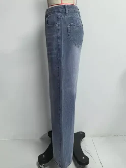 Heart Pocket Wide Leg Jeans For Women - Acid Wash Blue Y2K Baggy Straight Denim Pants - Spring Date Night Streetwear 2026