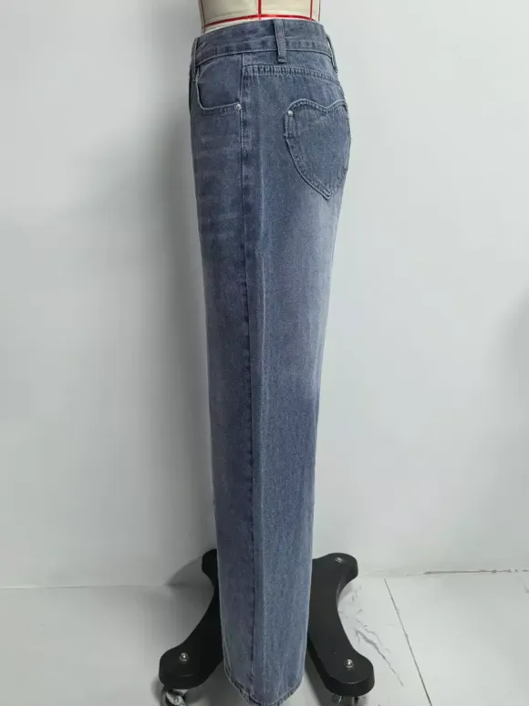 Heart Pocket Wide Leg Jeans For Women - Acid Wash Blue Y2K Baggy Straight Denim Pants - Spring Date Night Streetwear 2026